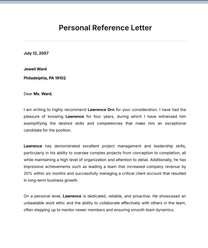 Personal Reference Letter Template Sample Personal Reference Letter Template Sample