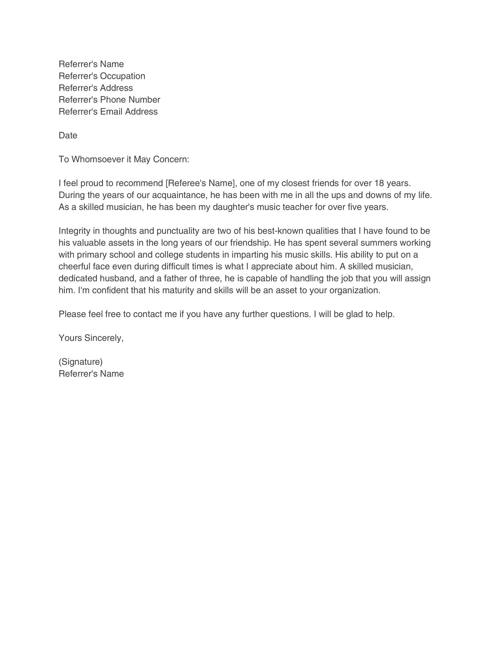 Personal Reference Letter Template Personal Reference Letter Template