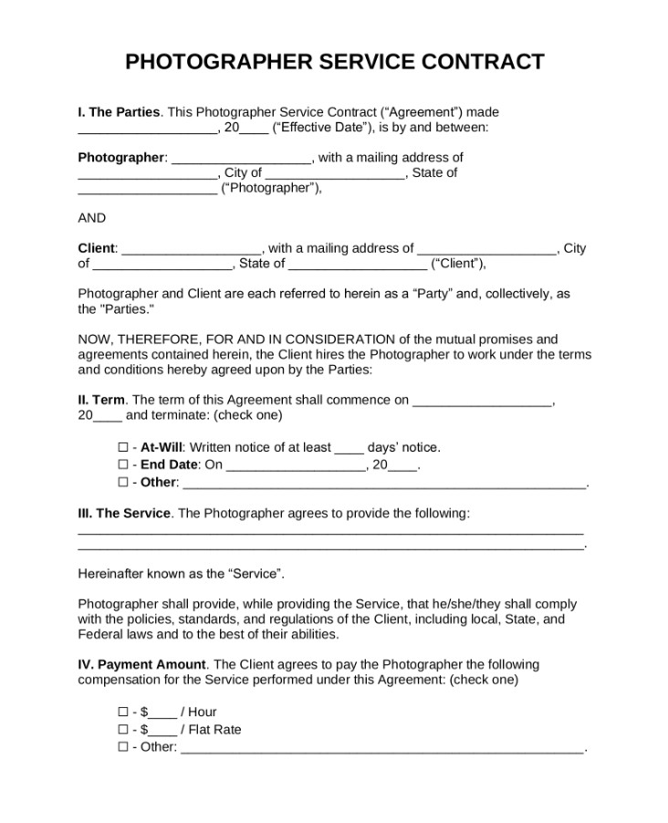 Photographer Service Contract Template Photographer Service Contract Template