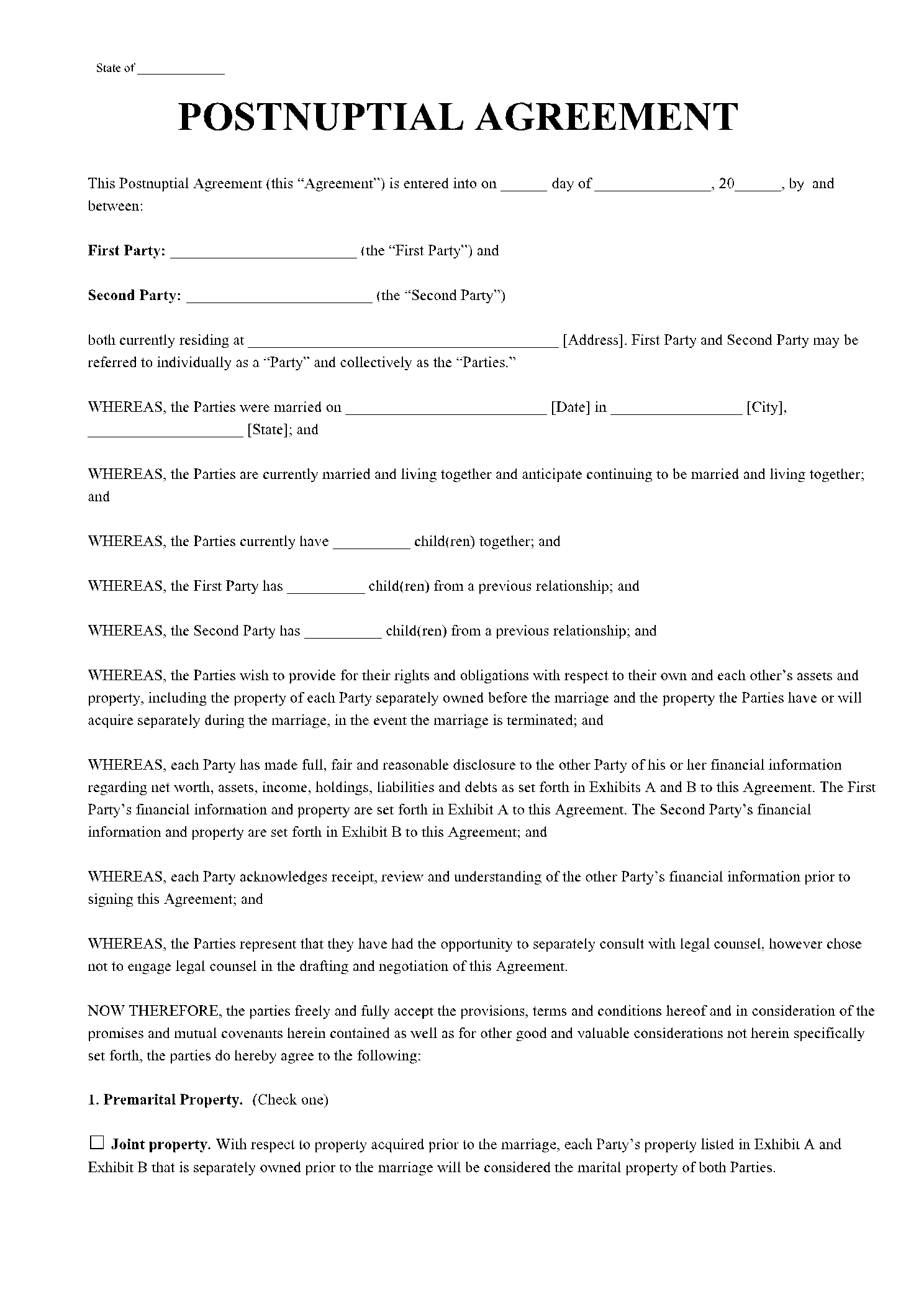 Postnuptial Agreement Template