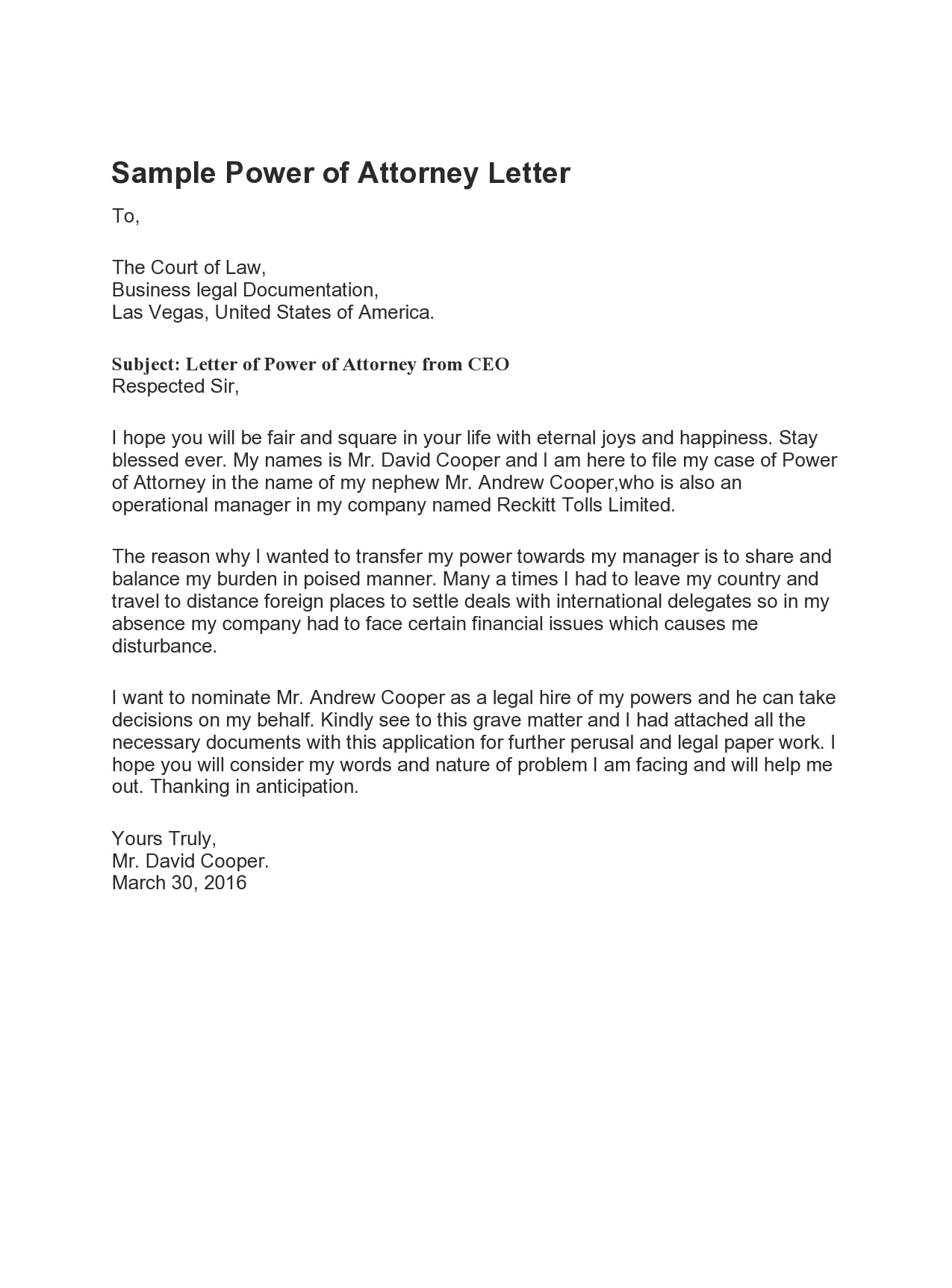 Power of Attorney Letter Template Power of Attorney Letter Template