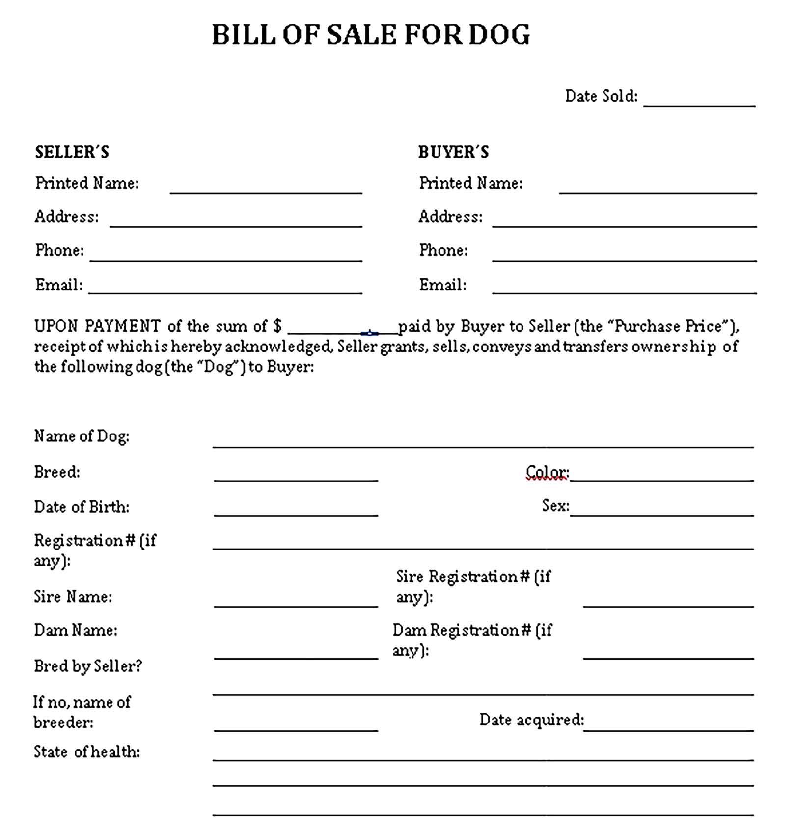 Printable Dog Bill of Sale Form Printable Dog Bill of Sale Form