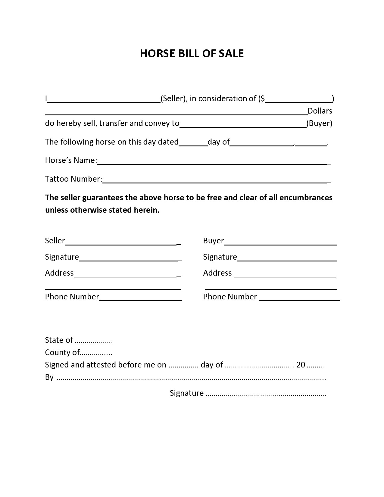 Printable Horse Bill of Sale Template Example Printable Horse Bill of Sale Template Example