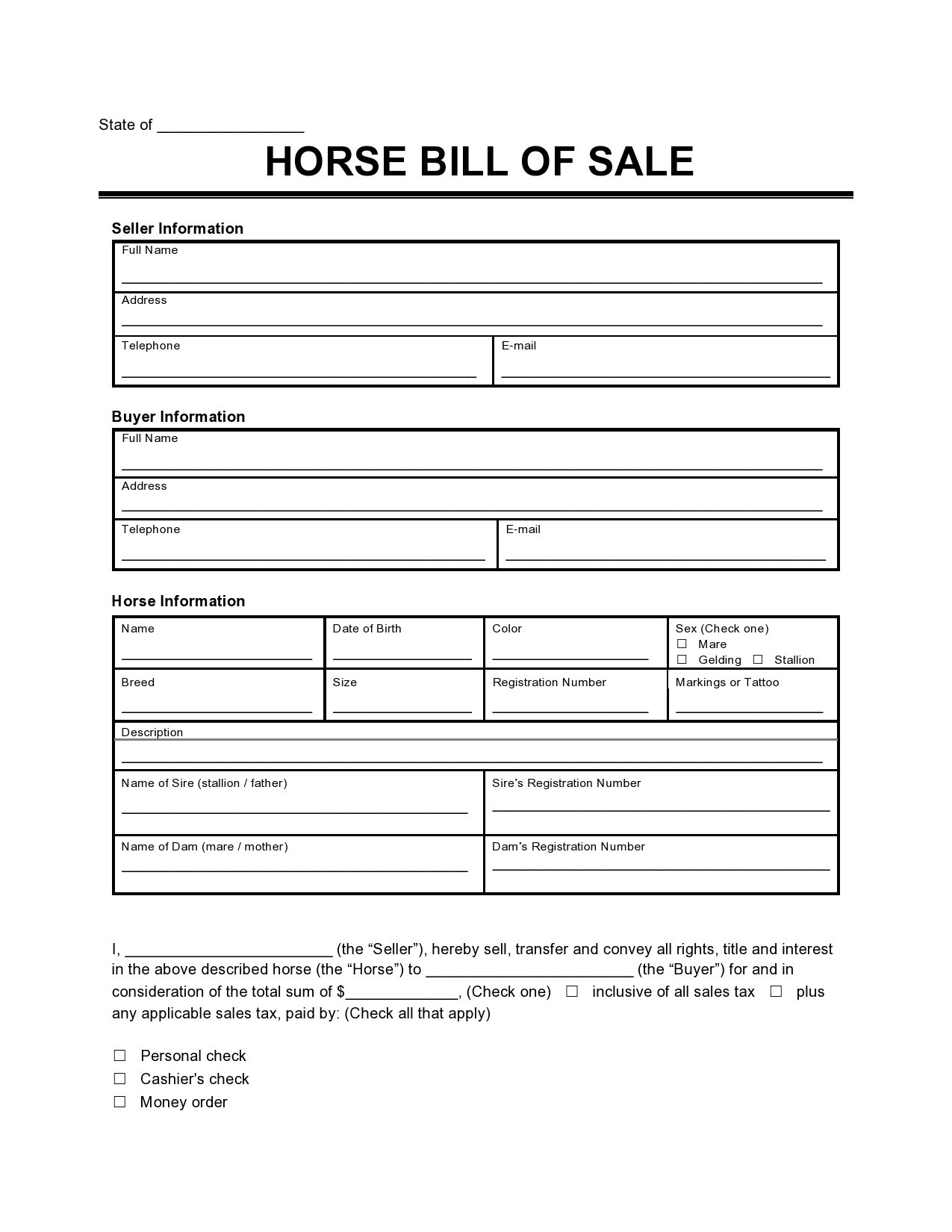 Printable Horse Bill of Sale Template Sample