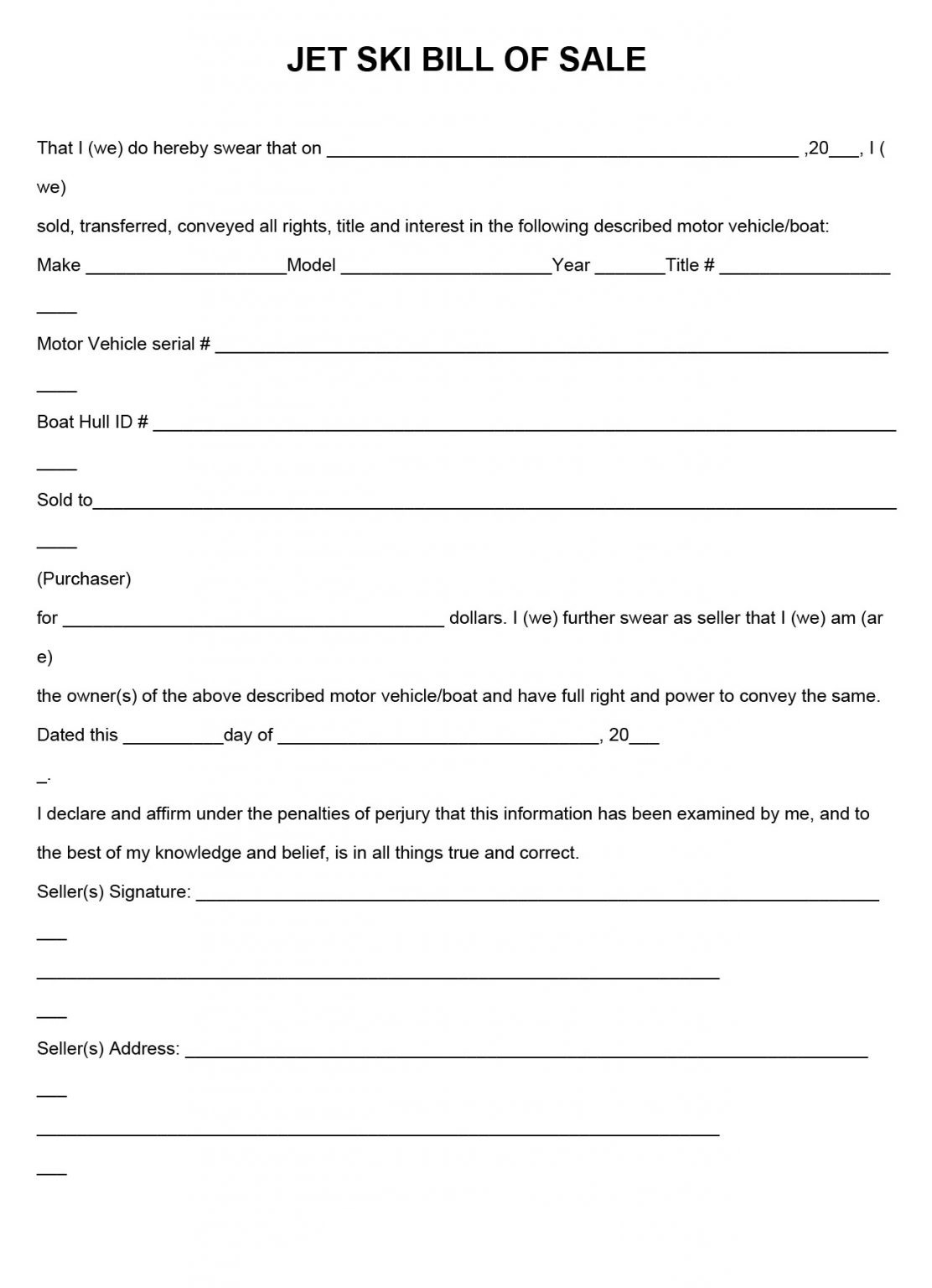 Printable Jet Ski Bill of Sale Form Example