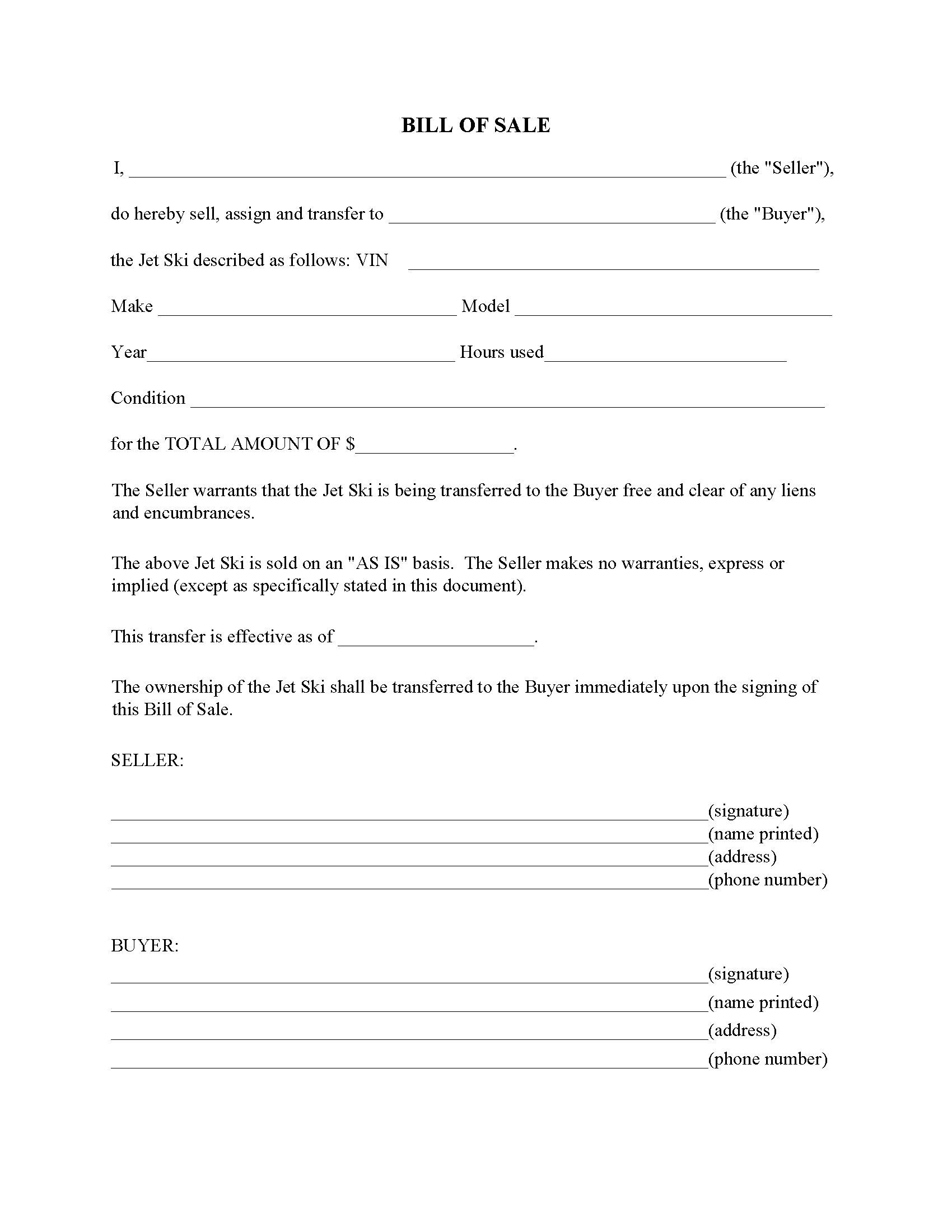 Printable Jet Ski Bill of Sale Form Sample