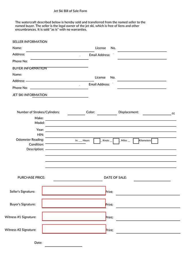 Printable Jet Ski Bill of Sale Form