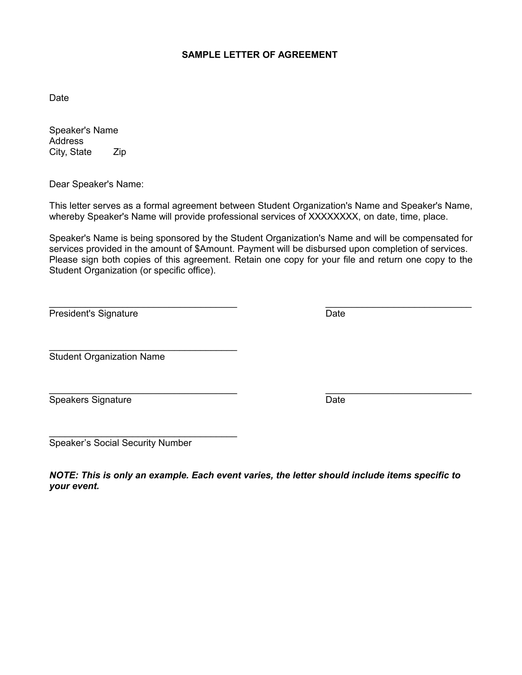 Printable Letter of Agreement Template Printable Letter of Agreement Template
