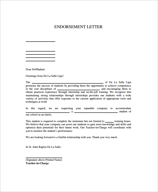 Printable Letter of Endorsement Template Printable Letter of Endorsement Template