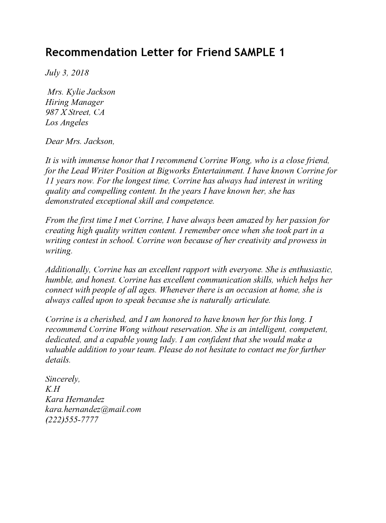 Printable Letter of Recommendation for a Friend Template