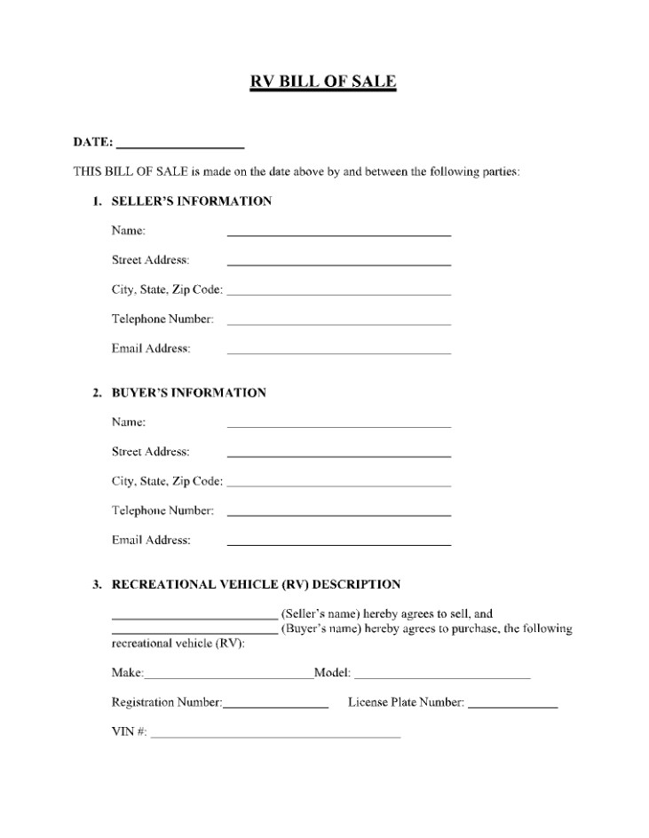 Printable RV Bill of Sale Form Example