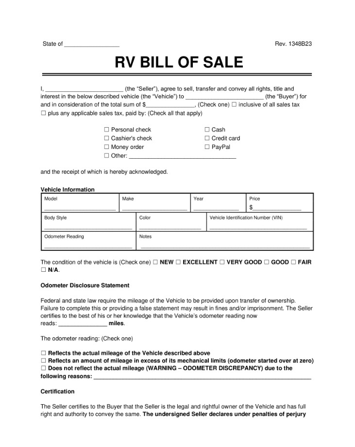 Printable RV Bill of Sale Form Sample
