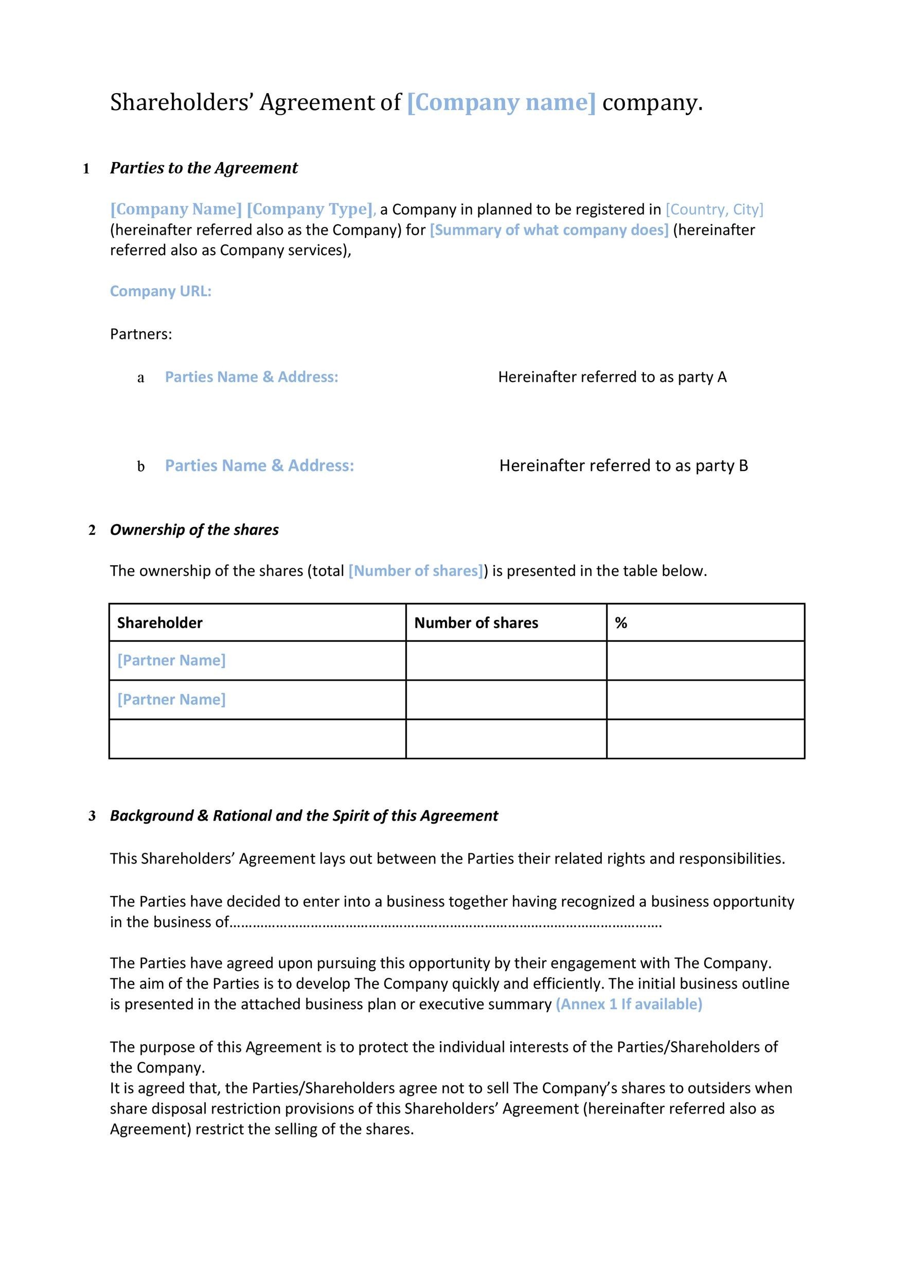 Printable Shareholders Agreement Template Example Printable Shareholders Agreement Template Example
