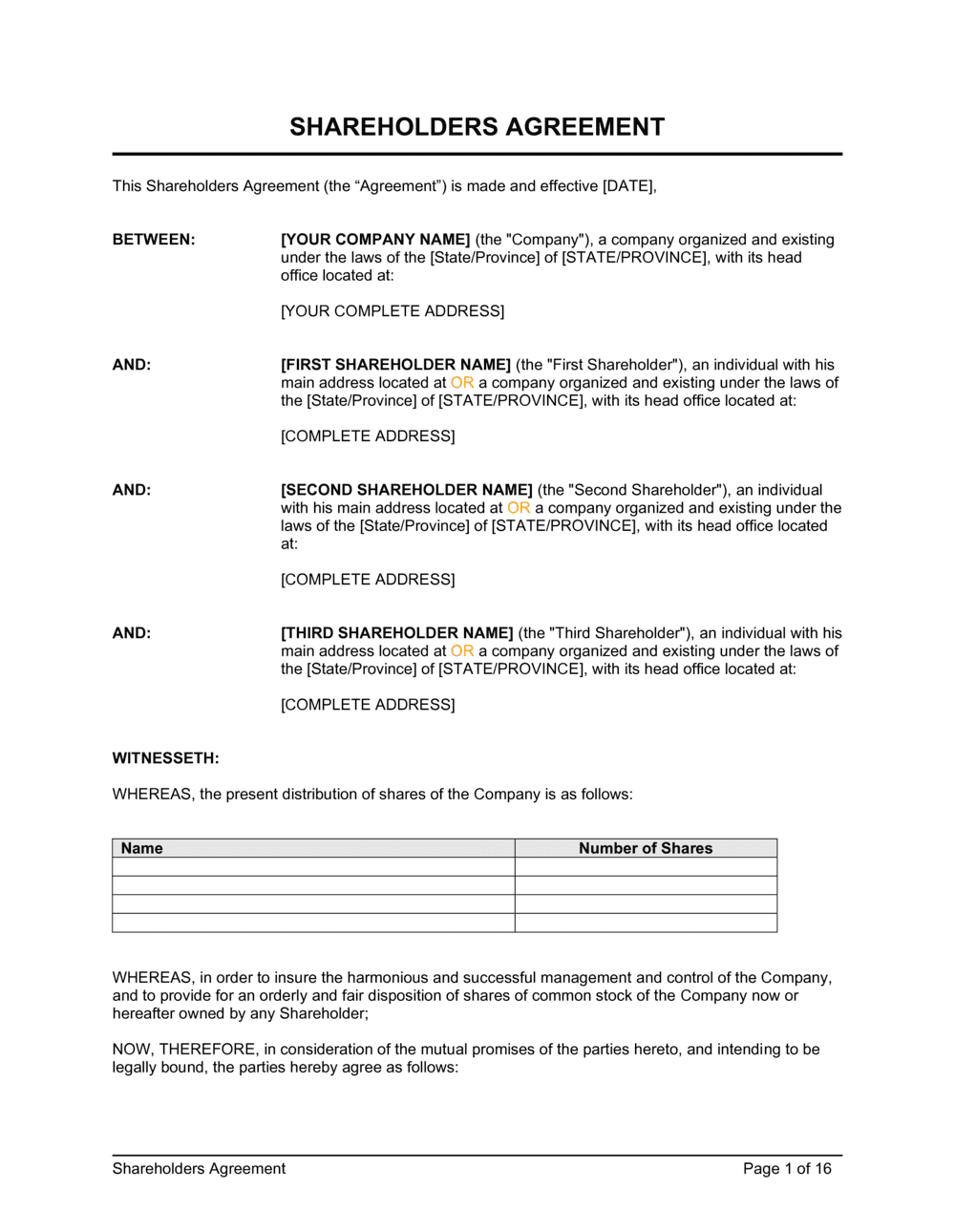 Printable Shareholders Agreement Template Printable Shareholders Agreement Template