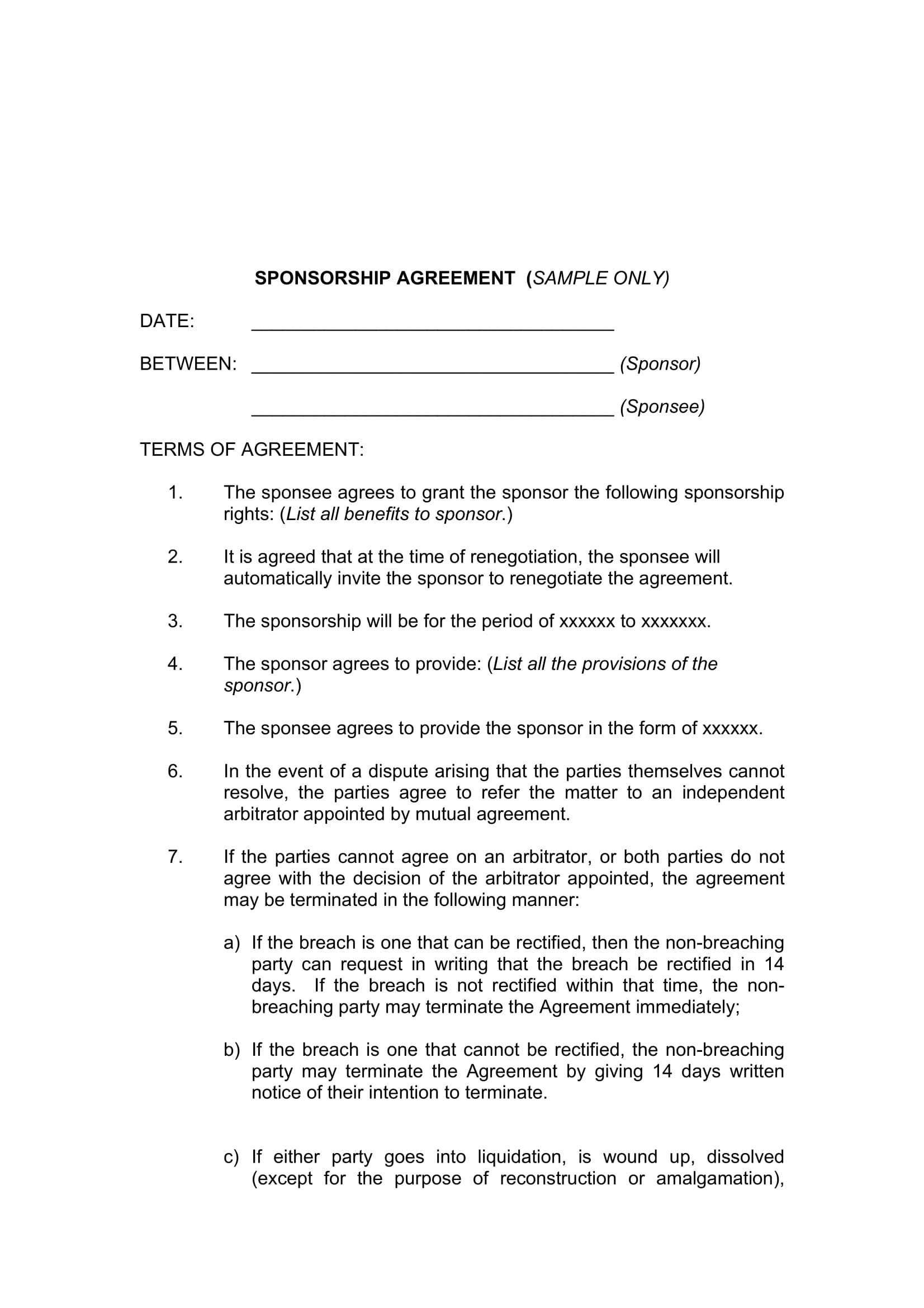 Printable Sponsorship Agreement Template Printable Sponsorship Agreement Template