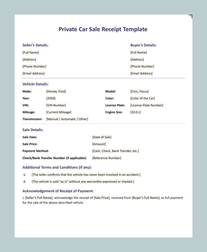 Private Car Sale Receipt Template Example Private Car Sale Receipt Template Example