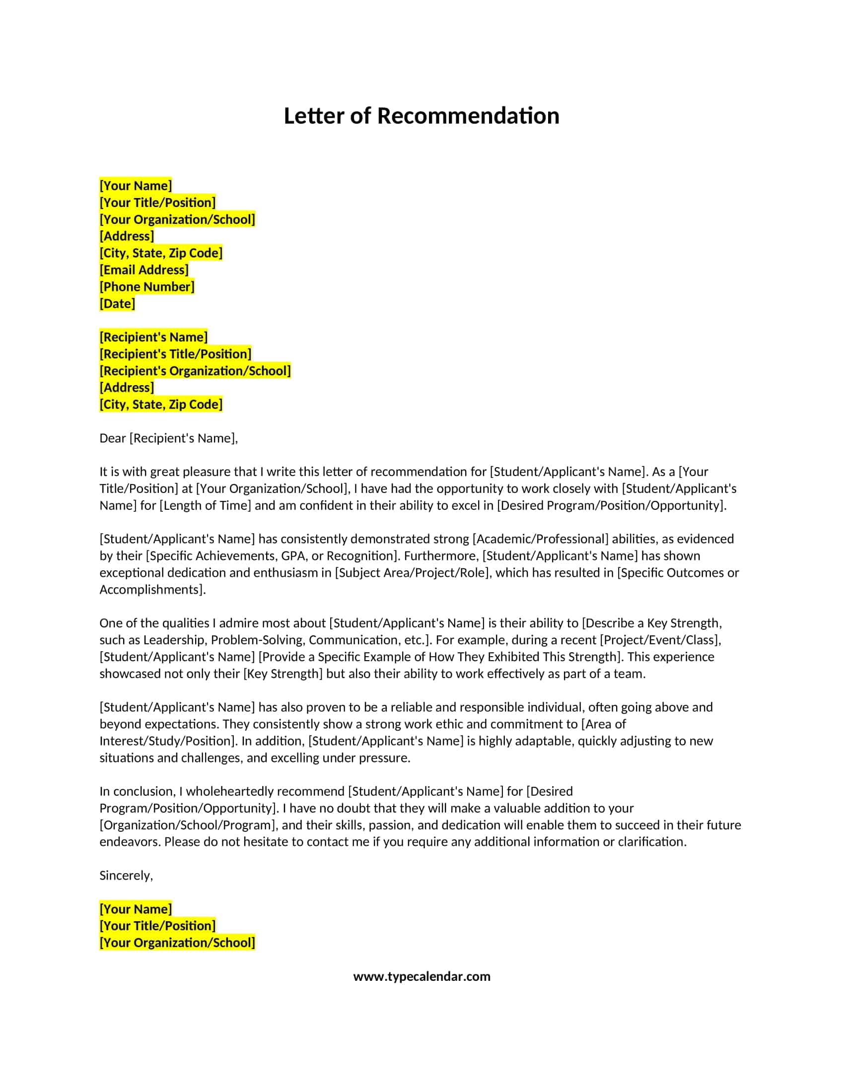 Professional Letter of Recommendation Template Professional Letter of Recommendation Template