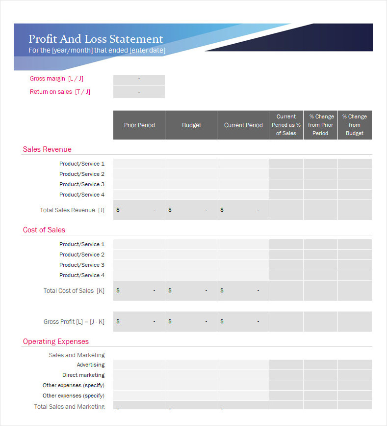 Profit And Loss Statement Template For Small Business
