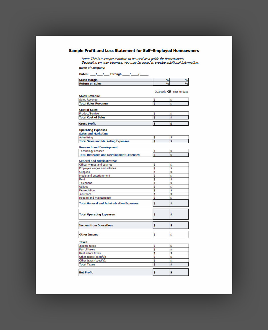 Profit And Loss Statement Template for Self Employed