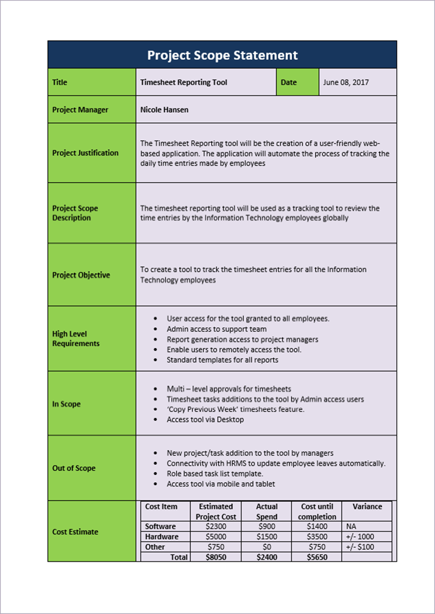 Project Scope Template Project Scope Template