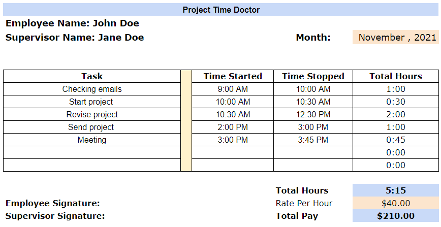 Project Timesheet Template