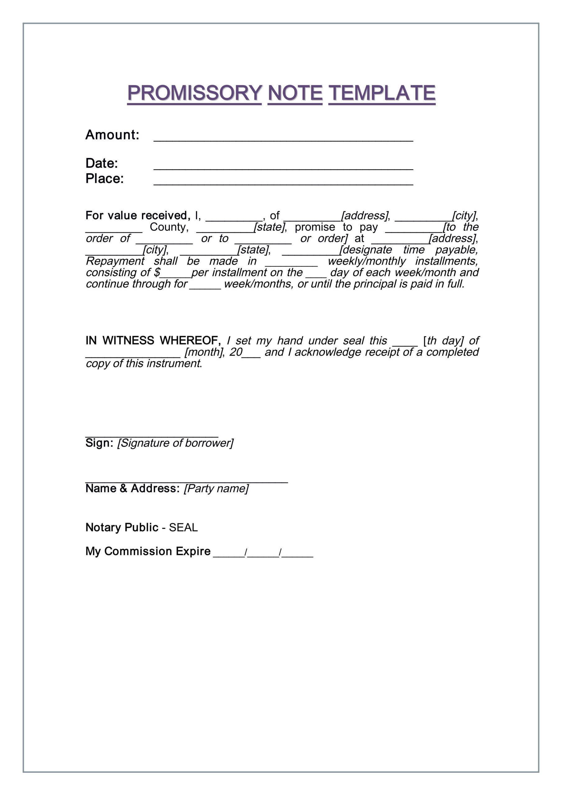 Promissory Note Template Example Promissory Note Template Example