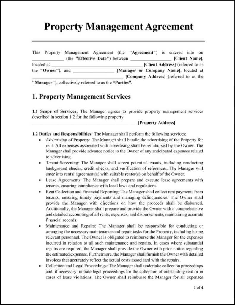 Property Management Agreement Template Property Management Agreement Template