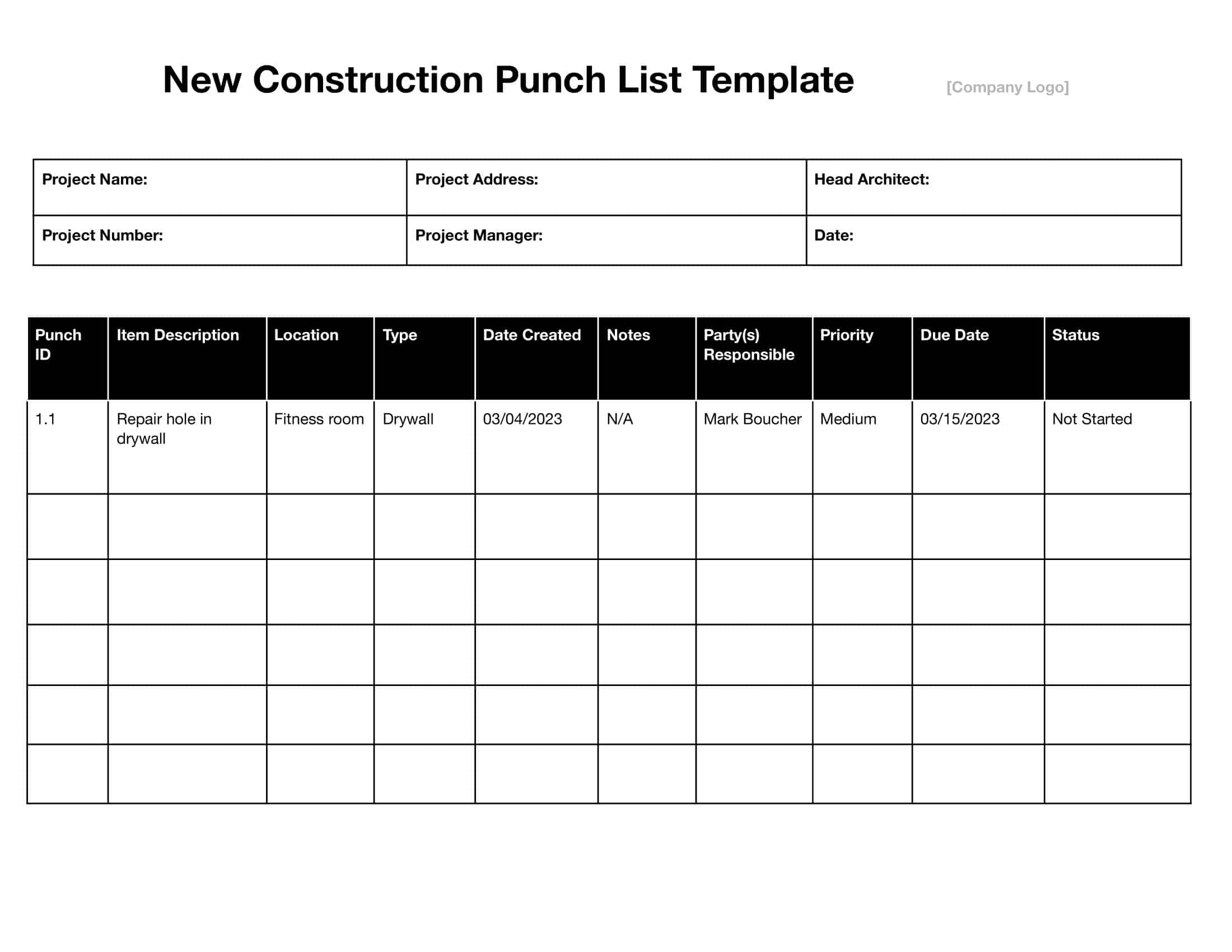 Punch List Template Punch List Template