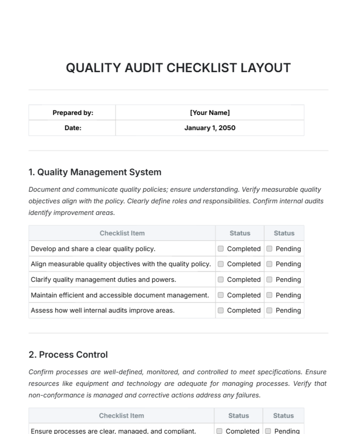 Quality Assurance Checklist Template