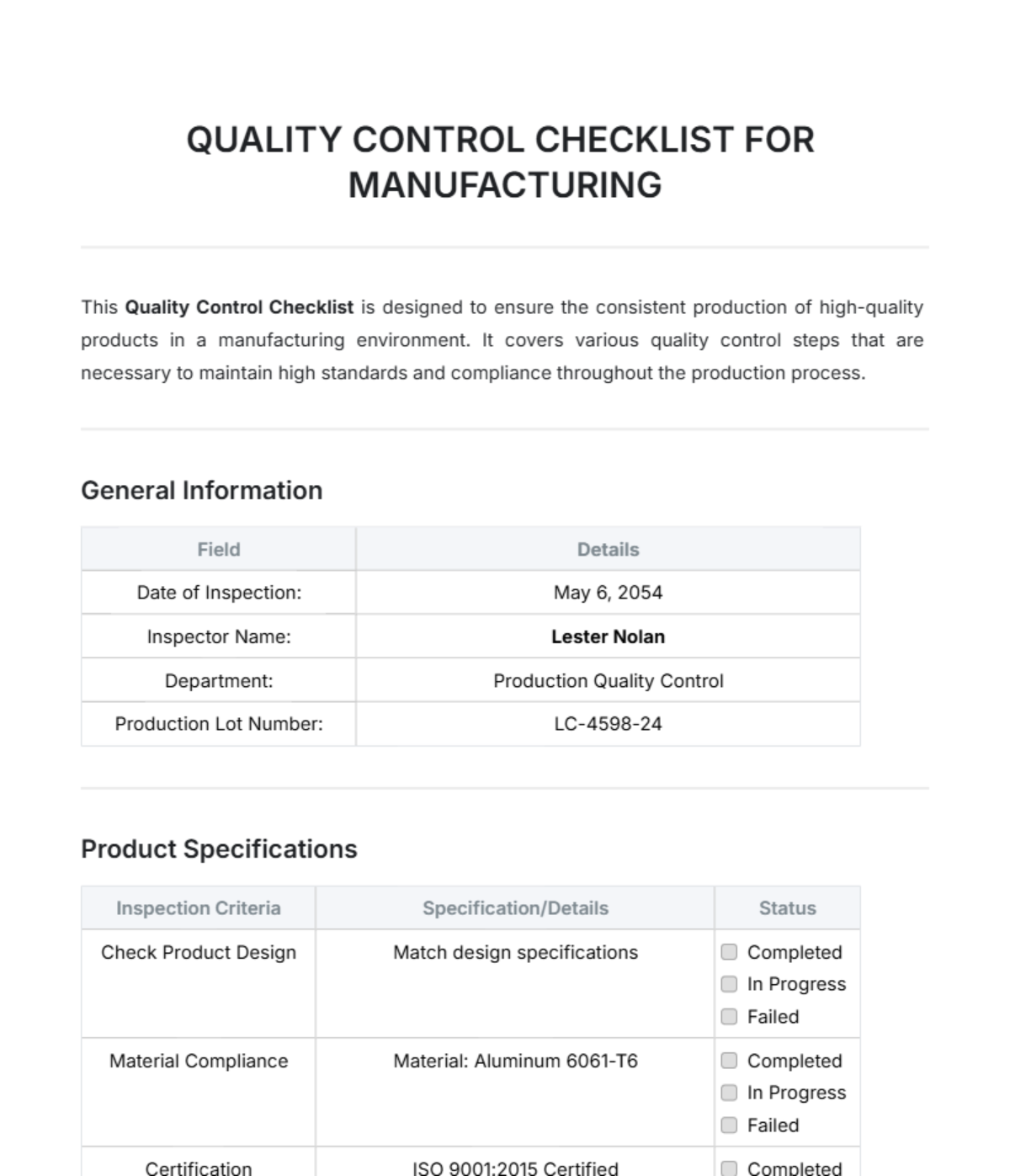 Quality Assurance Checklist Template