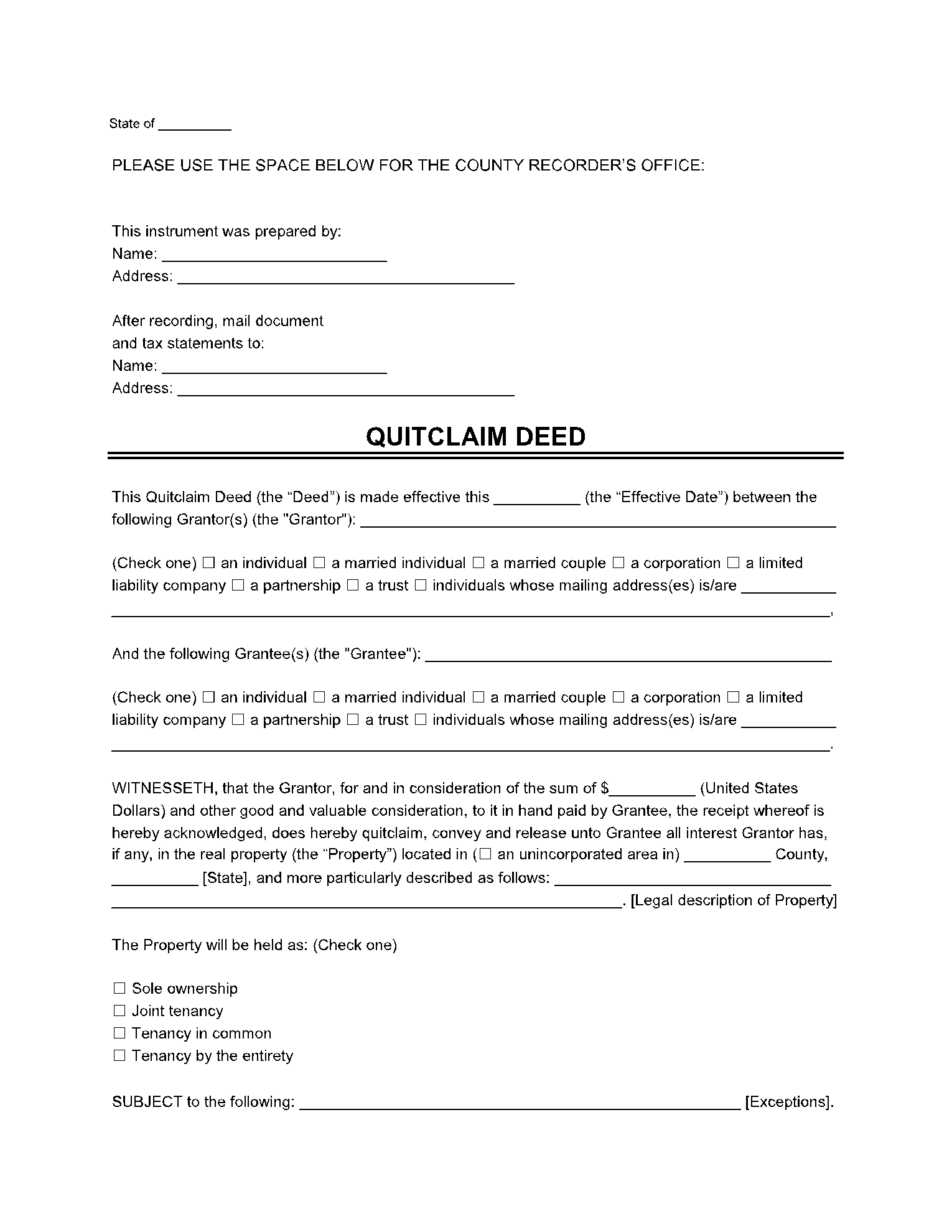 Quit-Claim Deed Form Template Quit-Claim Deed Form Template