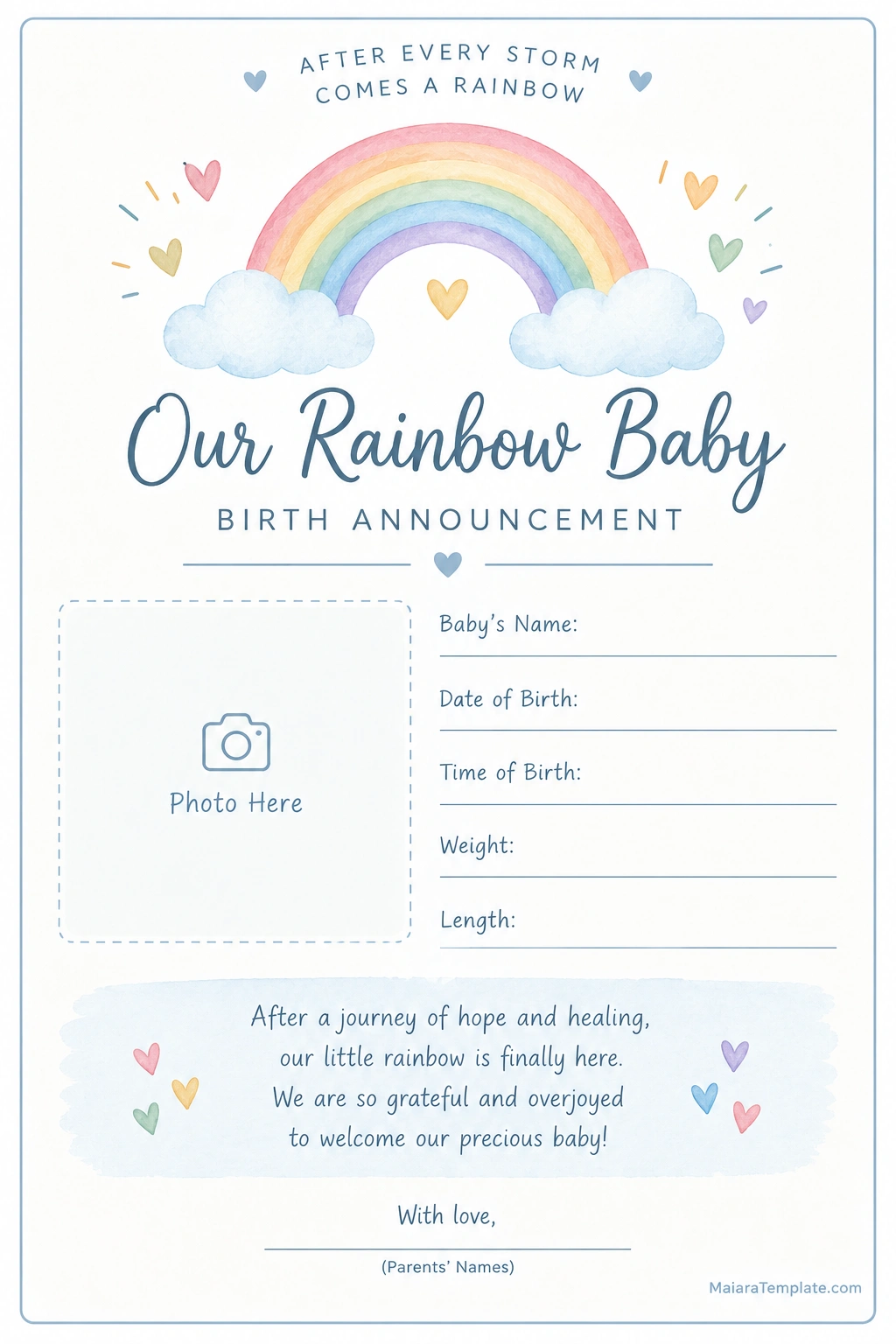 Rainbow Birth Announcement Card Printable rainbow birth announcement template with pastel rainbow artwork, a baby photo space, birth details, and a heartfelt welcome message