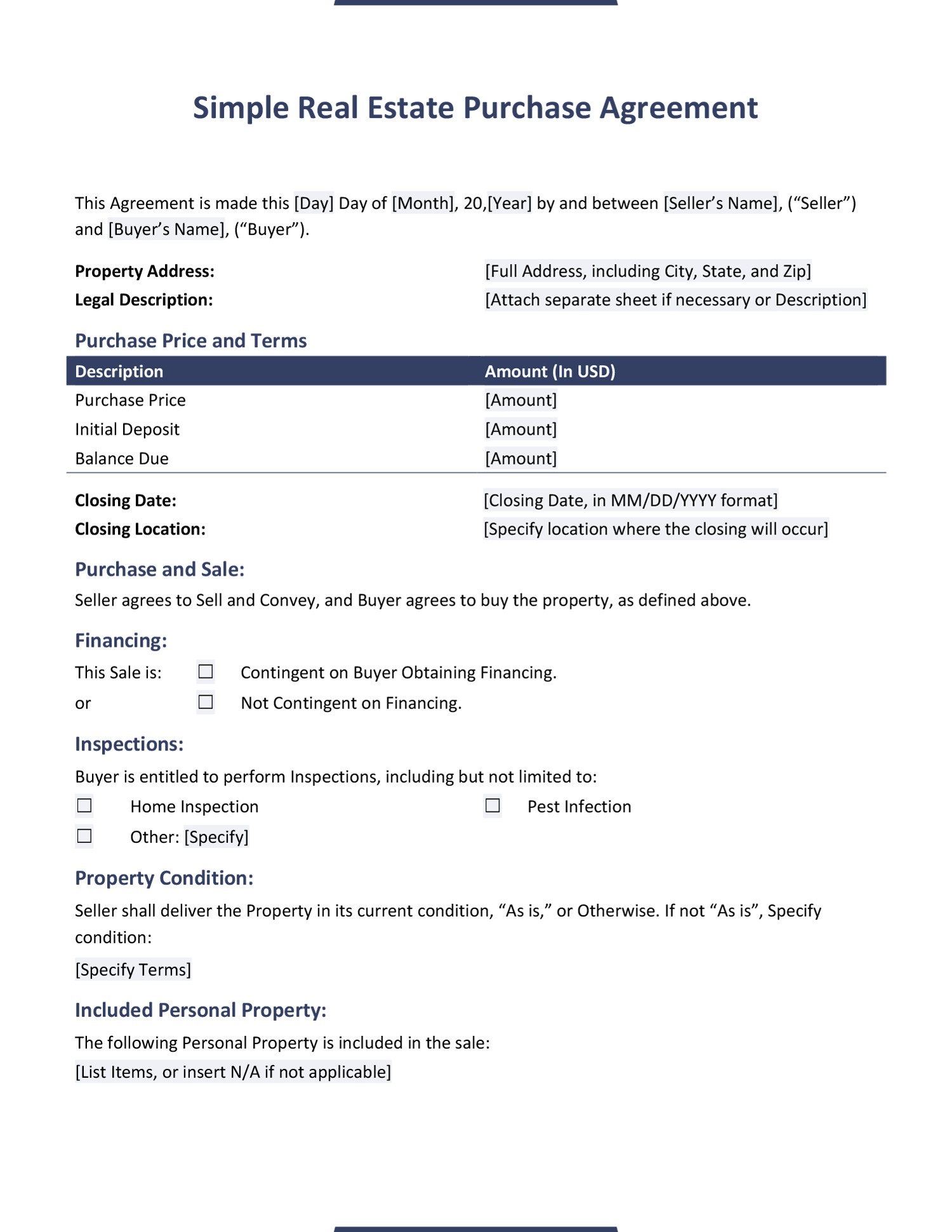 Real Estate Purchase Agreement Template