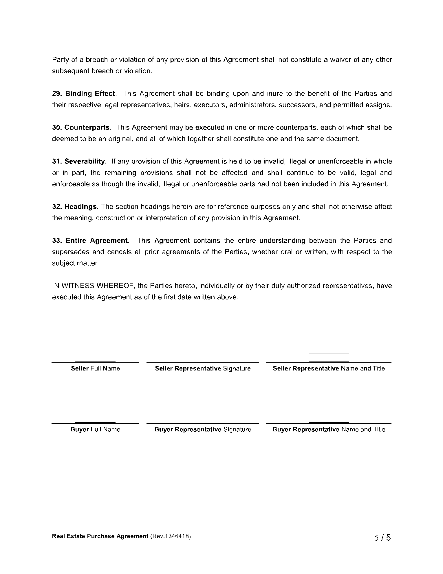 Real Estate Purchase Agreement Template