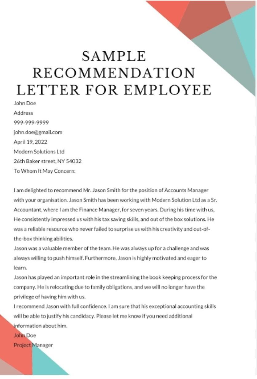 Recommendation Letter Template for Employee from Manager