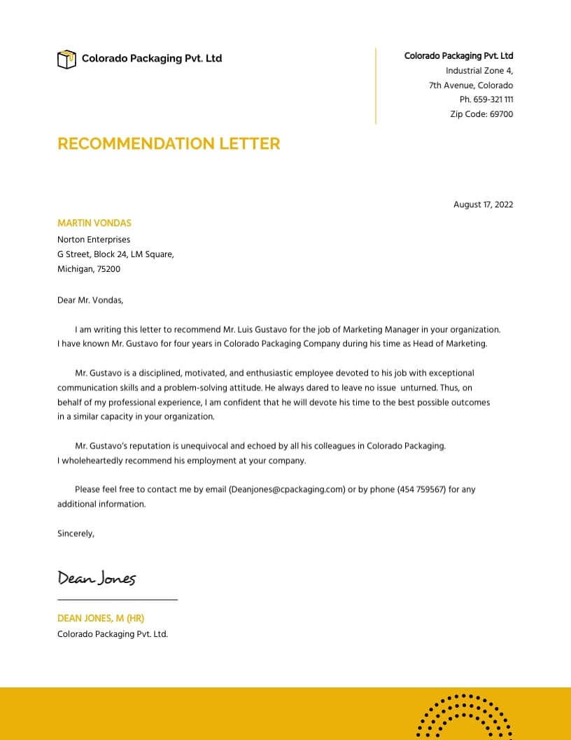 Recommendation Letter Template for Employee from Manager