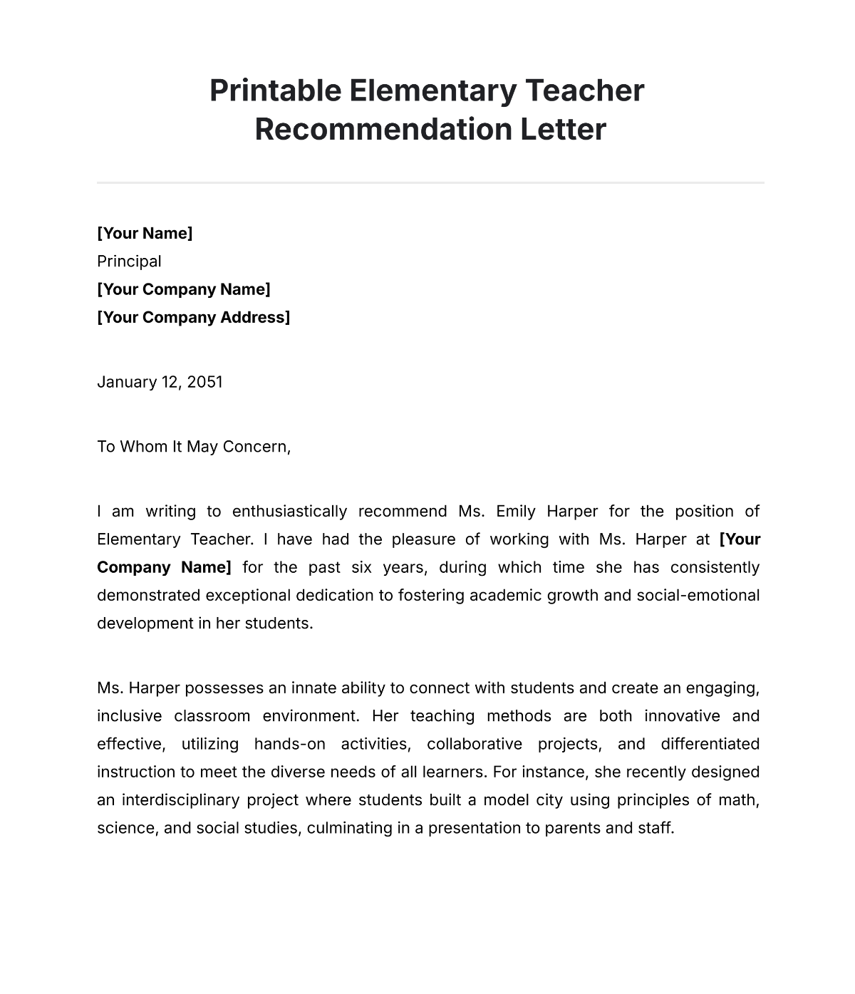 Recommendation Letter Template for Students