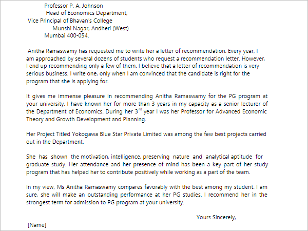 Recommendation Letter Template for Students