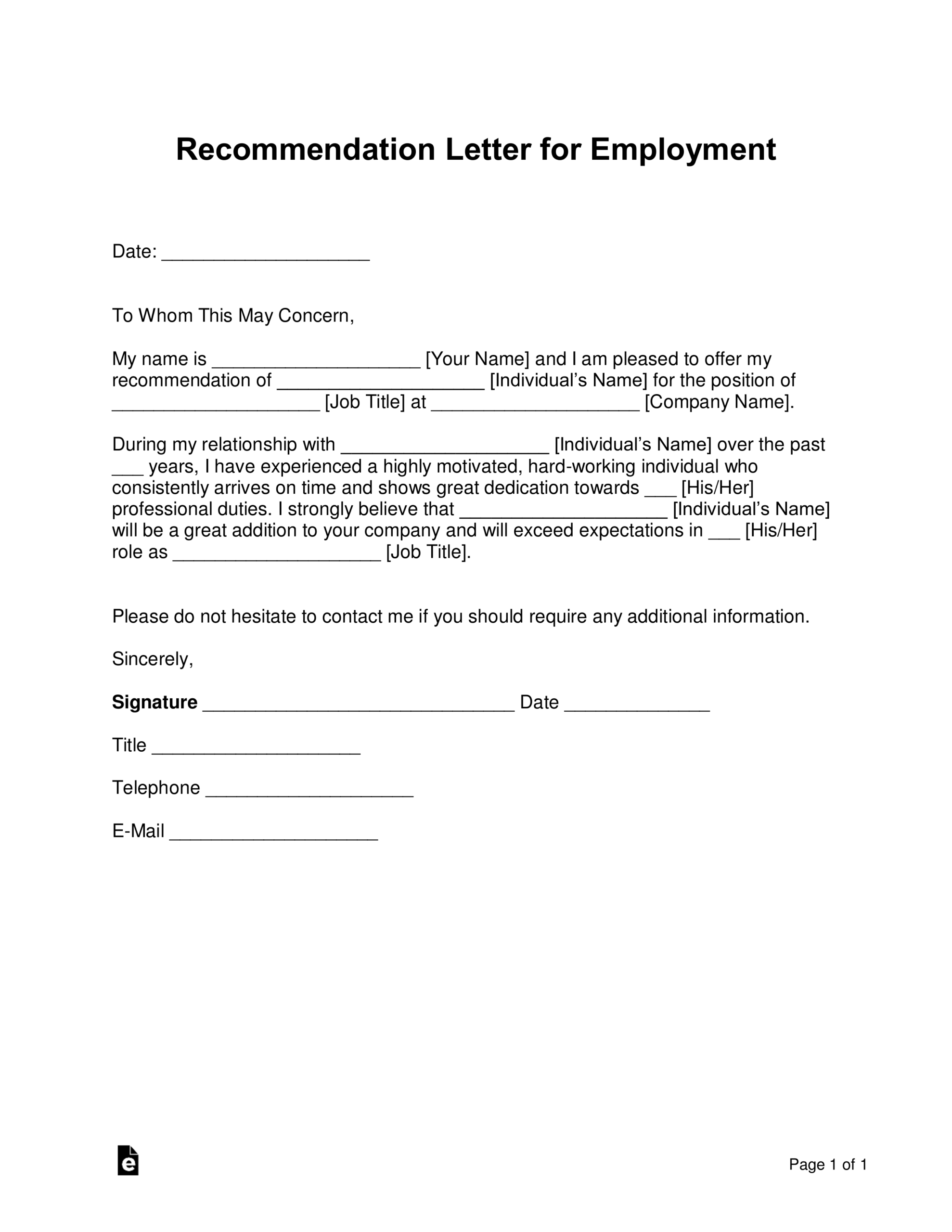 Reference Letter Template for an Employee