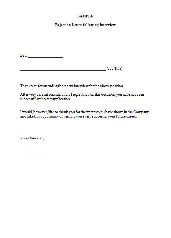 Rejection Job Letter Template