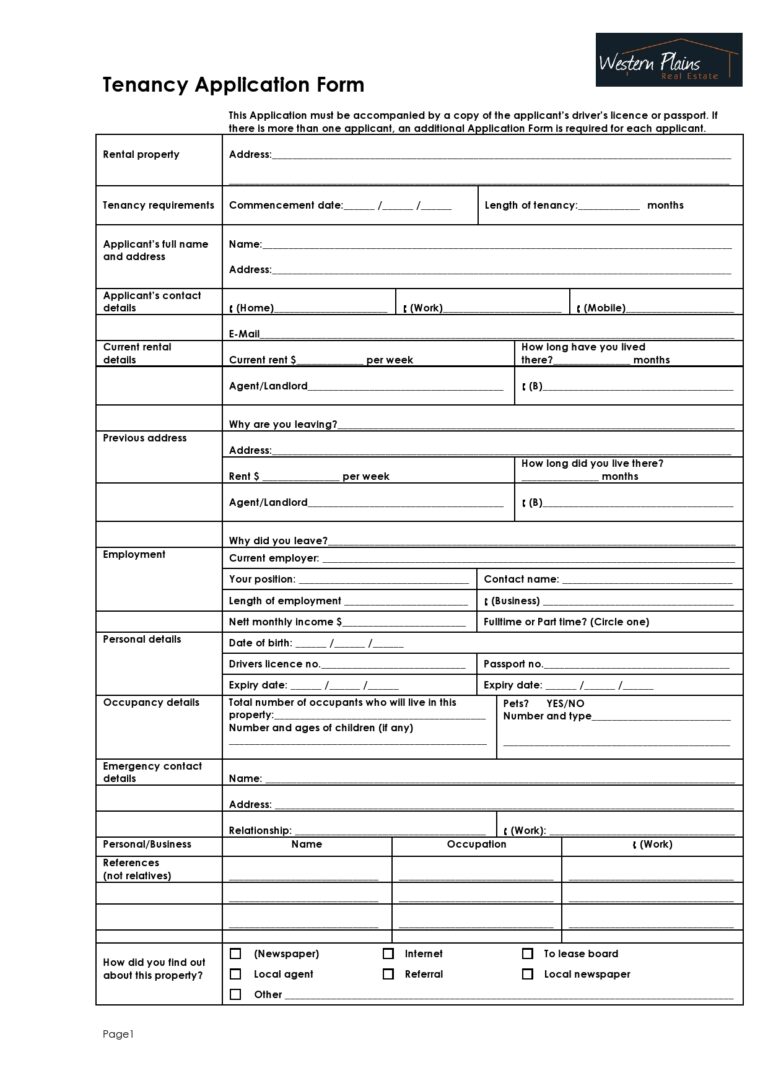 Free Printable Rental Application Template