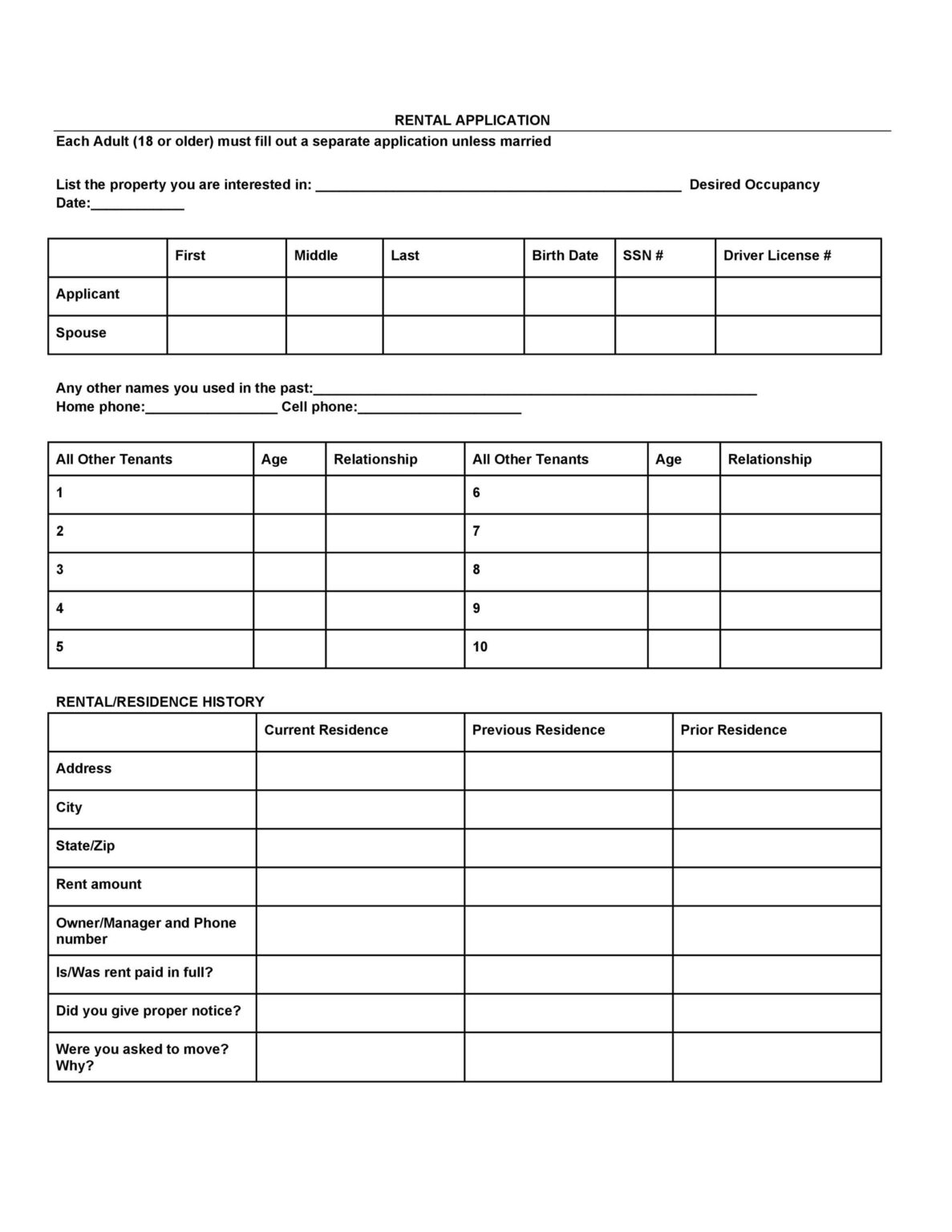 Free Printable Rental Application Template