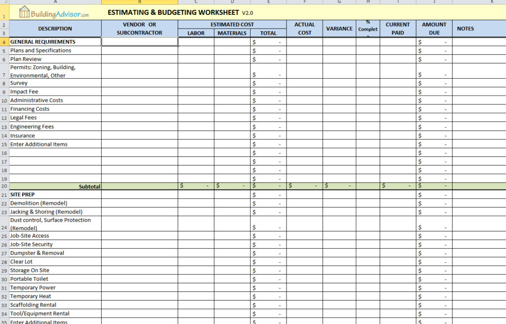Residential Construction Budget Template