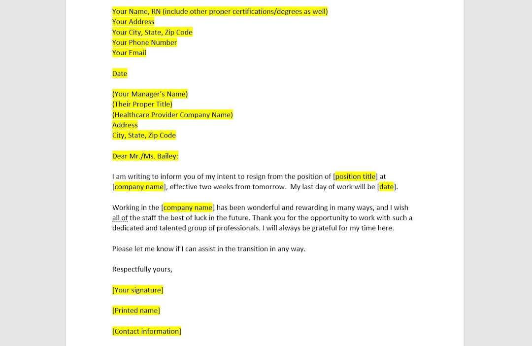 Resignation Letter Template for Nurses