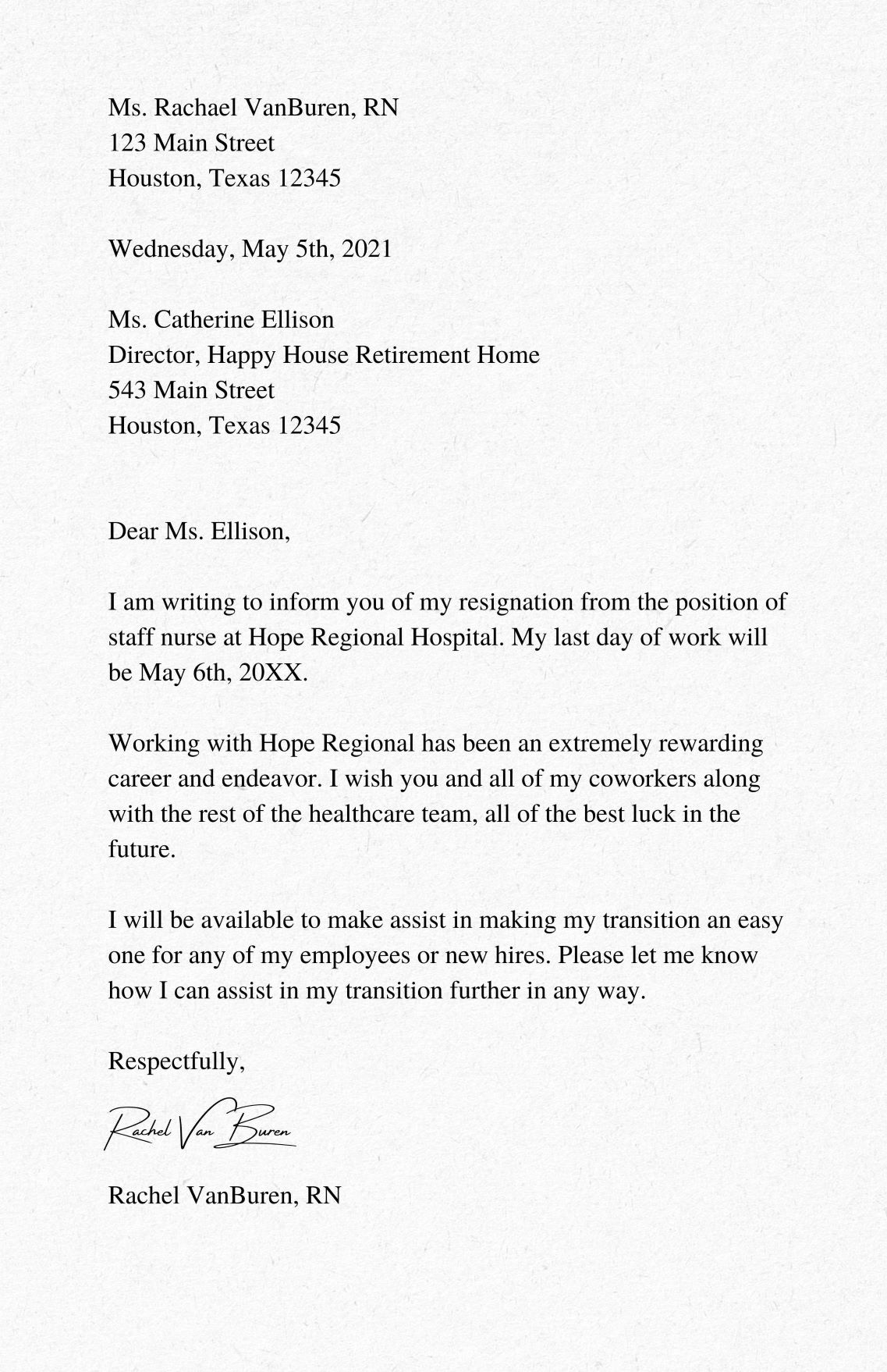 Resignation Letter Template for Nurses