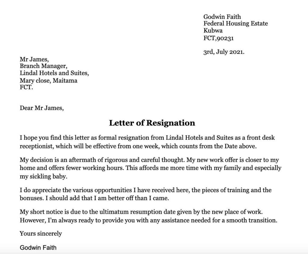 Resignation Letter Template for a Job