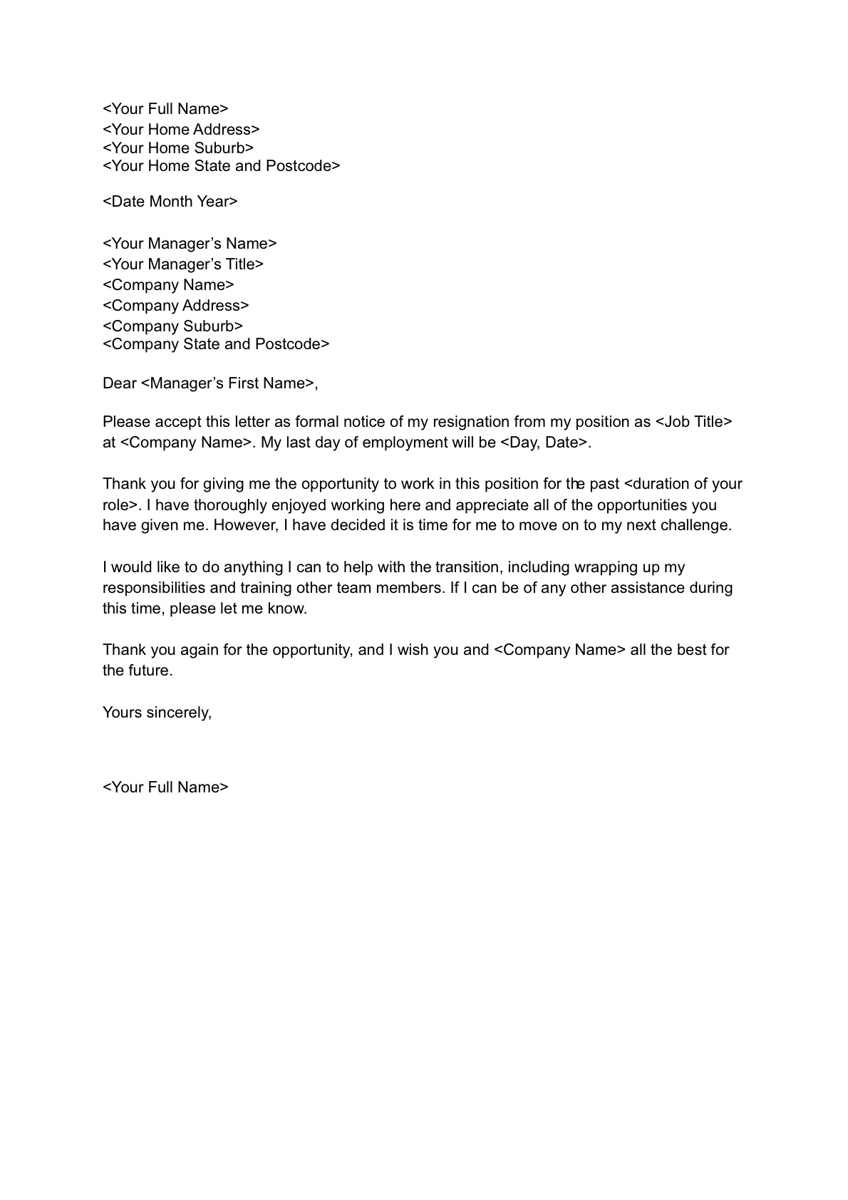 Resignation Letter Template for a Job