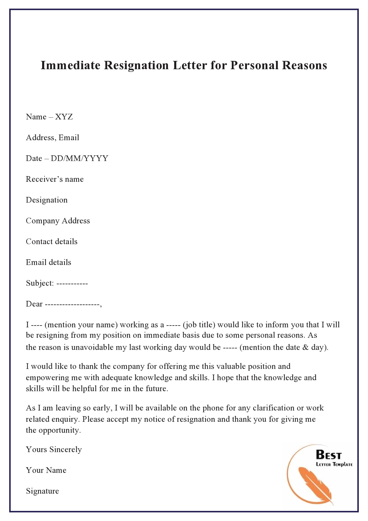 Resignation Letter Template without Notice