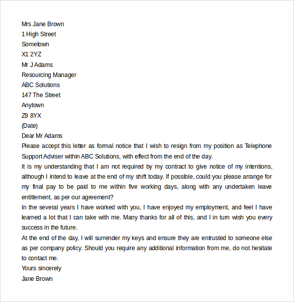 Resignation Letter Template without Notice