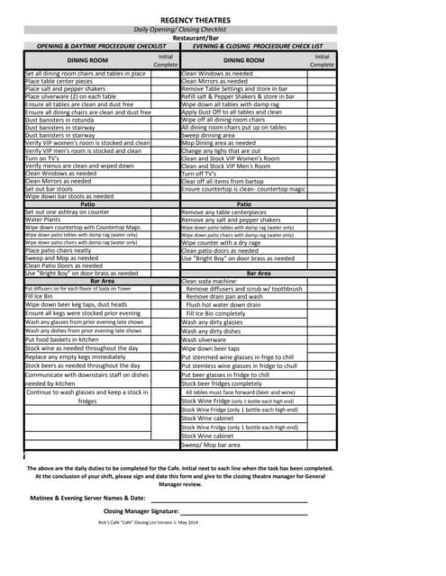 Restaurant Closing Checklist Template
